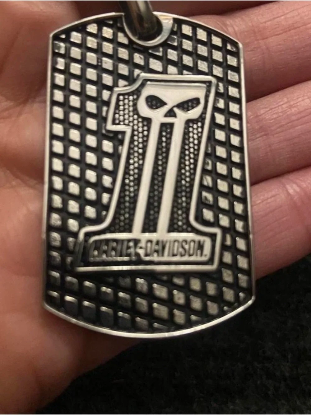 Harley Davidson silver dog tag with skull design